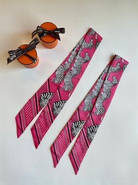 Hermes Pink Zebra Print Twilly Pair with Original Twilly Boxes